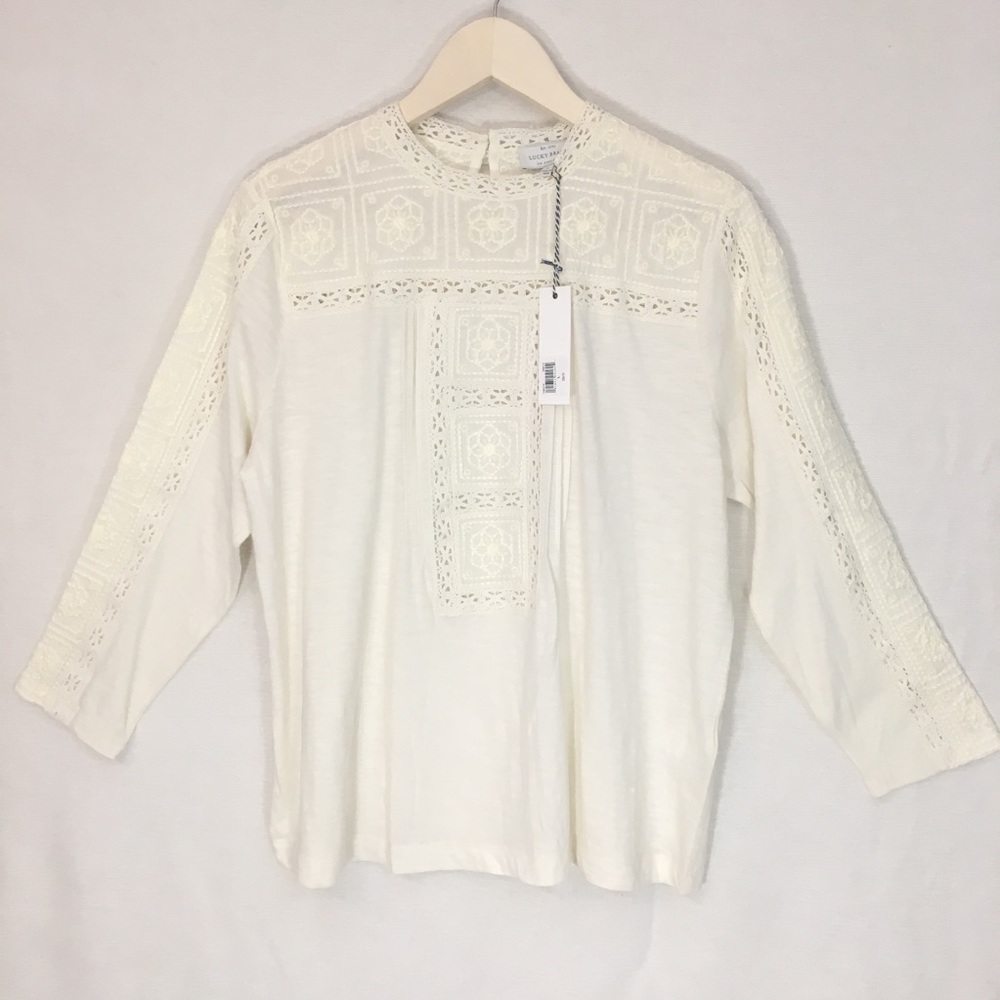 Lucky Brand Shirt cream blouse Embroidred Neck Top - Picture 2 of 8